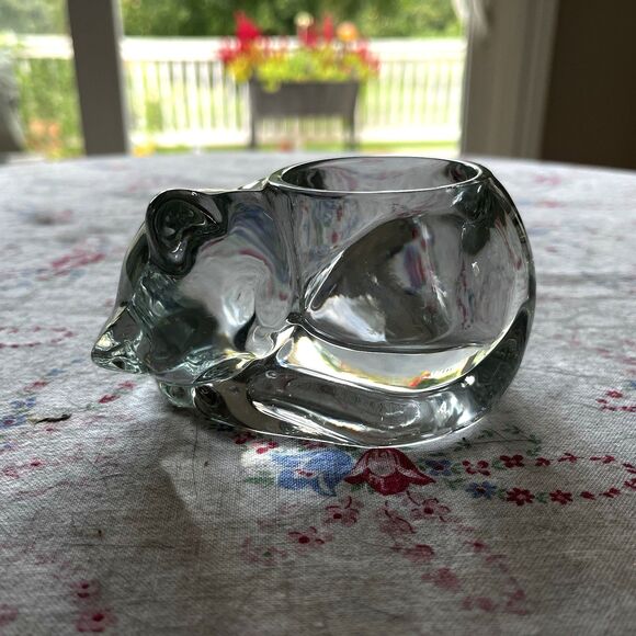 Vintage Indiana Clear Glass Sleeping Cat Votive Candle Tealight Holder Made USA - Picture 3 of 7